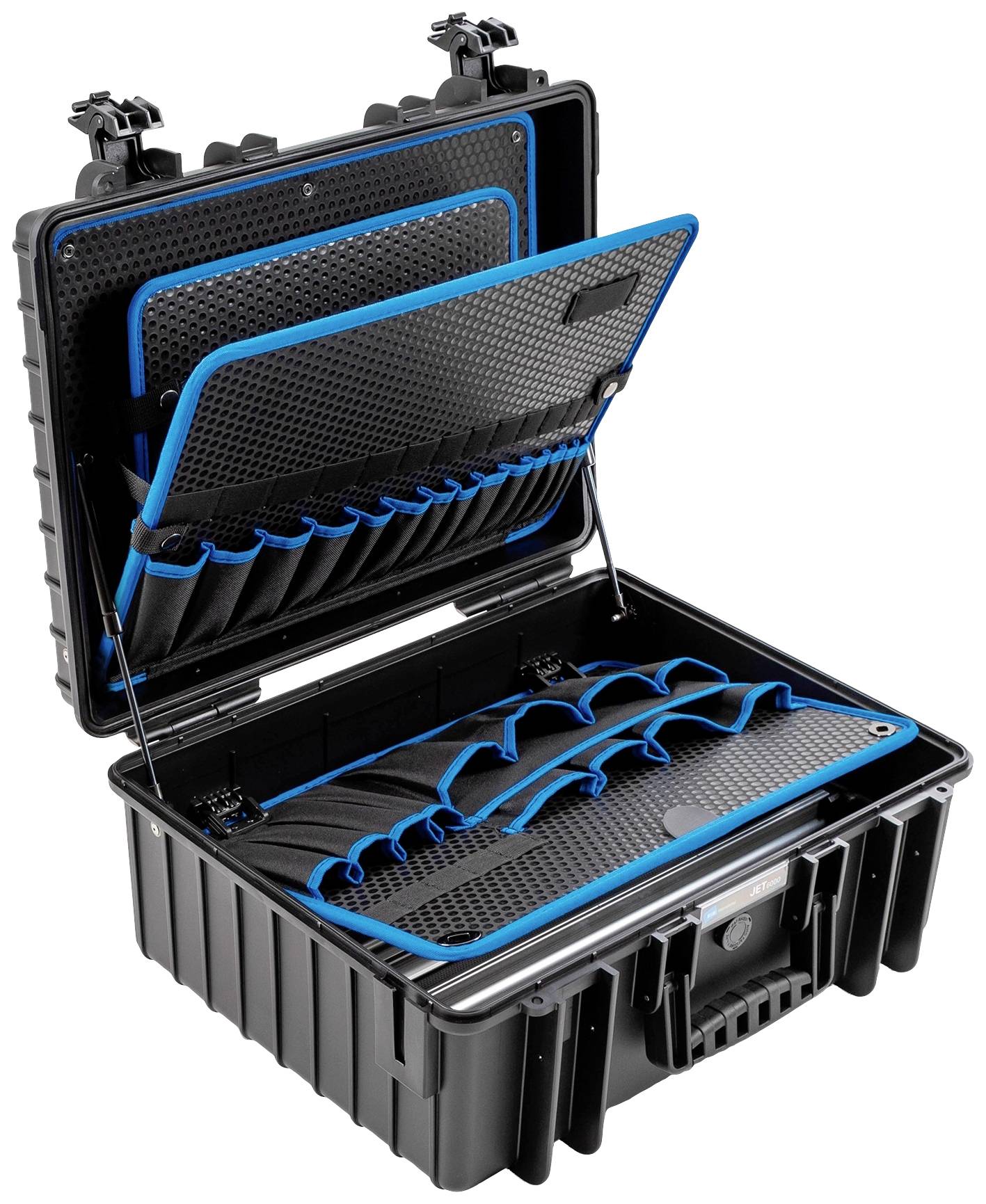 Otwarty czarny kufer transportowy prezentuje kilka niebieskich toreb organizacyjnych wewnątrz, nadających się do bezpiecznego przechowywania przedmiotów.