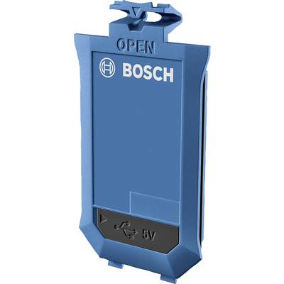 Niebieska część akcesoriów Bosch z napisem 'OPEN' u góry oraz symbolami USB i 5V u dołu, prawdopodobnie ładowarka elektryczna.