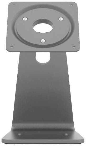 Szary metalowy stojak z uchwytem, odpowiedni do zamontowania monitora lub urządzenia, posiada mocowania śrubowe na przedniej stronie.