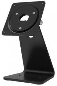 Czarny, montowany na biurku stojak do monitora VESA w kształcie litery L z kwadratową podstawą górną, przeznaczony do mocowania ekranów zgodnie ze standardem VESA.