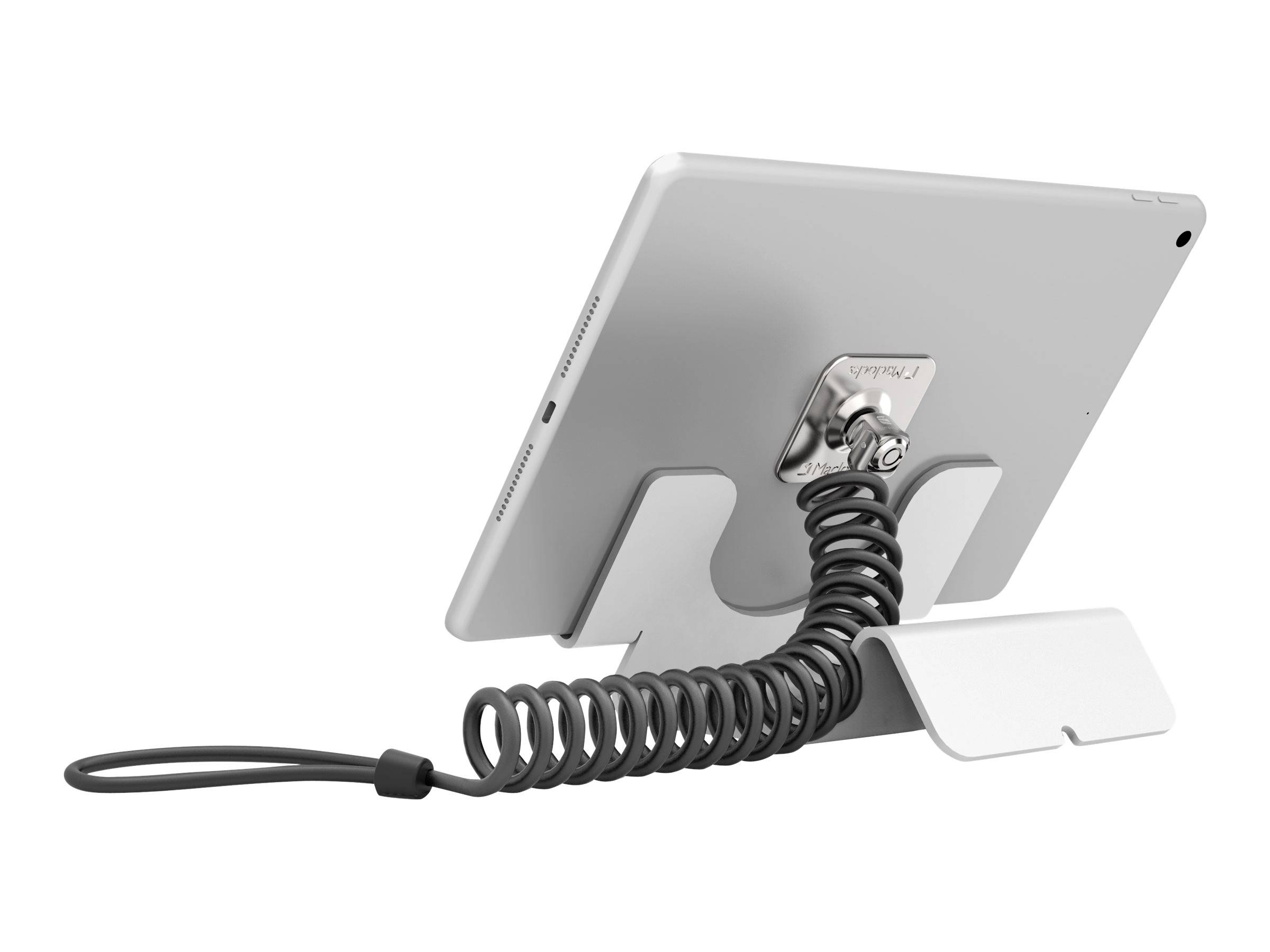Tablet jest zamocowany na stojaku i zabezpieczony zamkiem bezpieczeństwa z przewodem spiralnym.