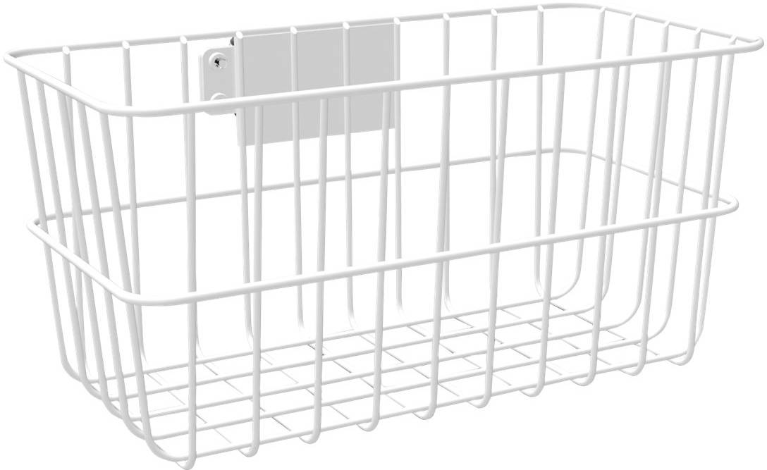 Biały kosz drucikowy o prostokątnym kształcie i otwartej konstrukcji.