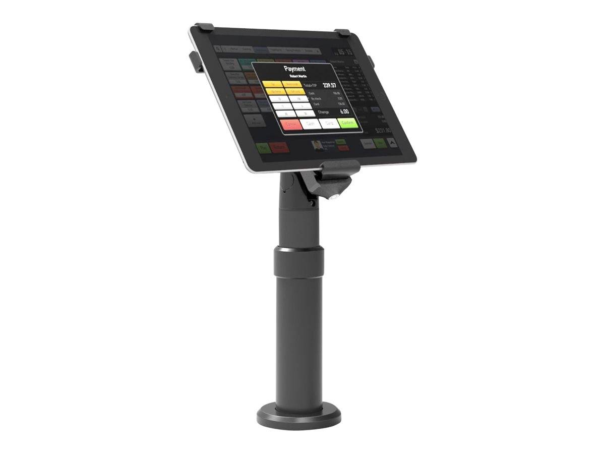 Tablet na stojaku wyświetla interfejs użytkownika z danymi sprzedażowymi i różnymi opcjami menu.