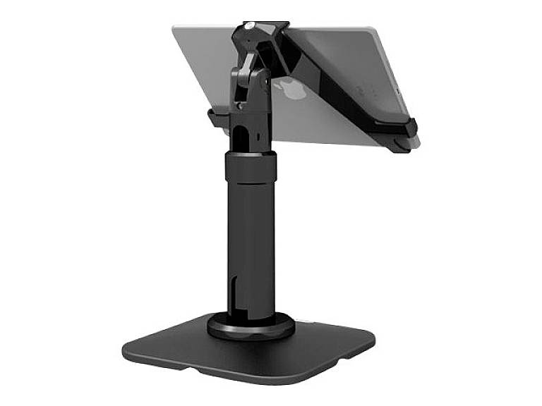 Tablet na czarnym, regulowanym stojaku. Stojak umożliwia ustawienie urządzenia pod różnymi kątami.