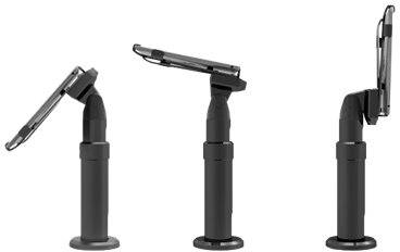 Trzy czarne, regulowane stojaki, każdy w innej pozycji nachylenia. Prezentują elastyczność i adaptacyjność.