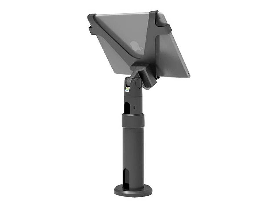 Czarny stojak na tablet z solidną podstawą. Tablet jest zabezpieczony dwoma uchwytami w narożnikach.