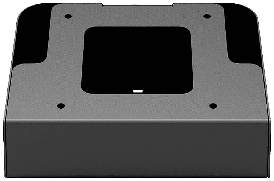 Metalowy stojak ze standardowym kwadratowym wycięciem, przeznaczony do montażu monitorów lub urządzeń; prosty, funkcjonalny design.