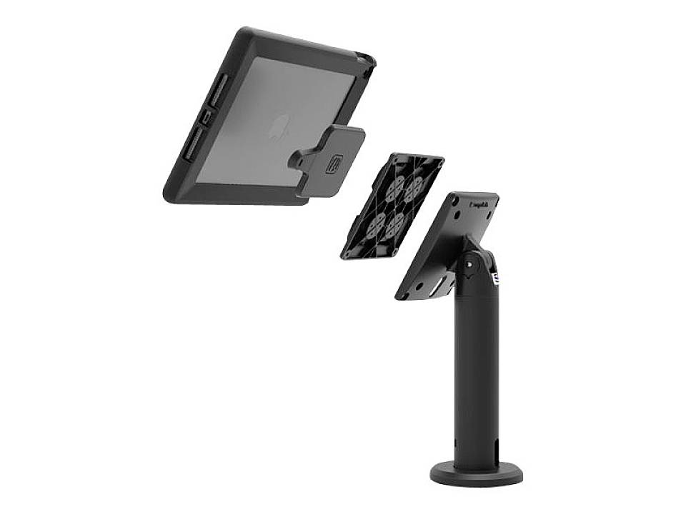 Czarny uchwyt na tablet z regulowanym stojakiem, odpowiedni do prezentacji lub użycia jako stanowisko kasowe.