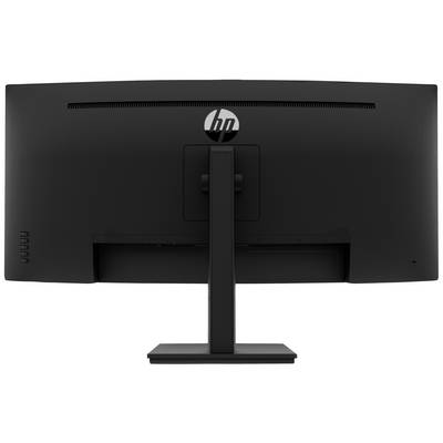 Czarny monitor HP widziany od tyłu, ukazujący podstawę i minimalistyczną stylistykę, bez widocznych kabli.