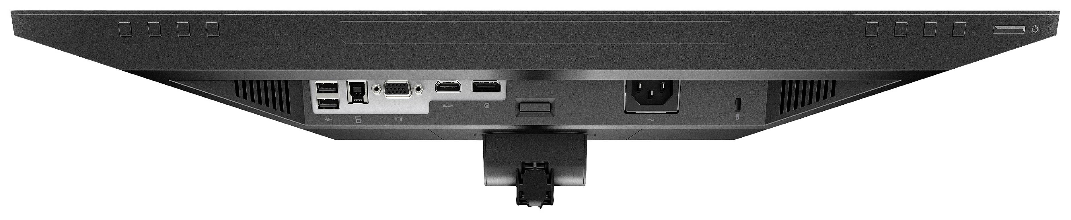 Tylna strona czarnego monitora z wieloma złączami, w tym HDMI, USB i złączem zasilania.