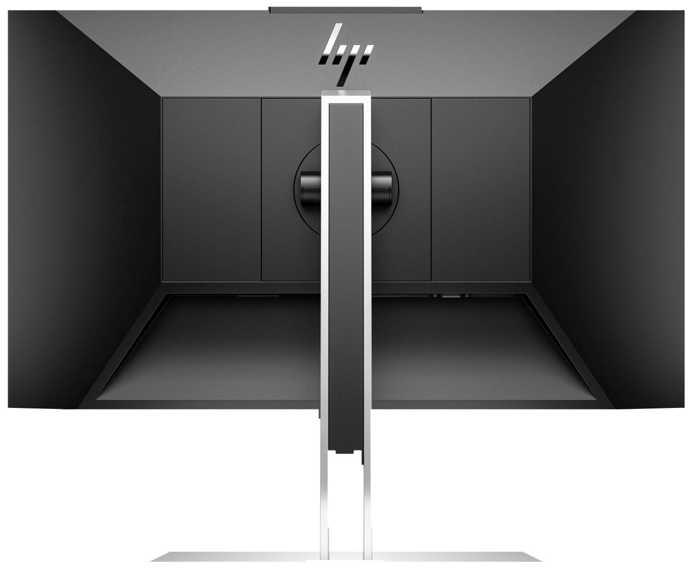 Widok z tyłu czarnego ekranu komputerowego ze stalowym stojakiem, który wygląda na solidny i nowoczesny.