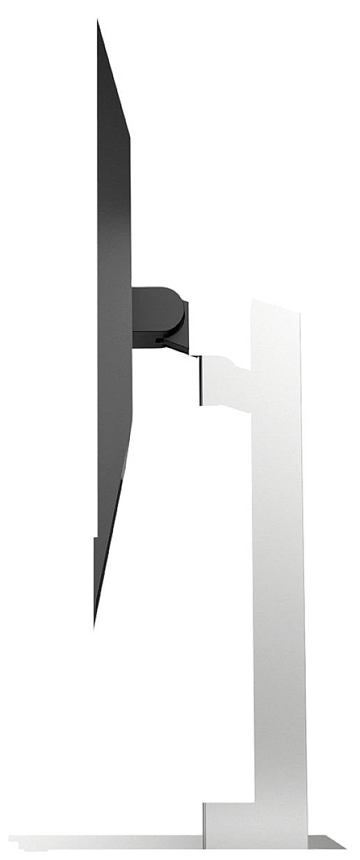 Widok z boku ultracieniego ekranu na smukłej srebrnej podstawie.