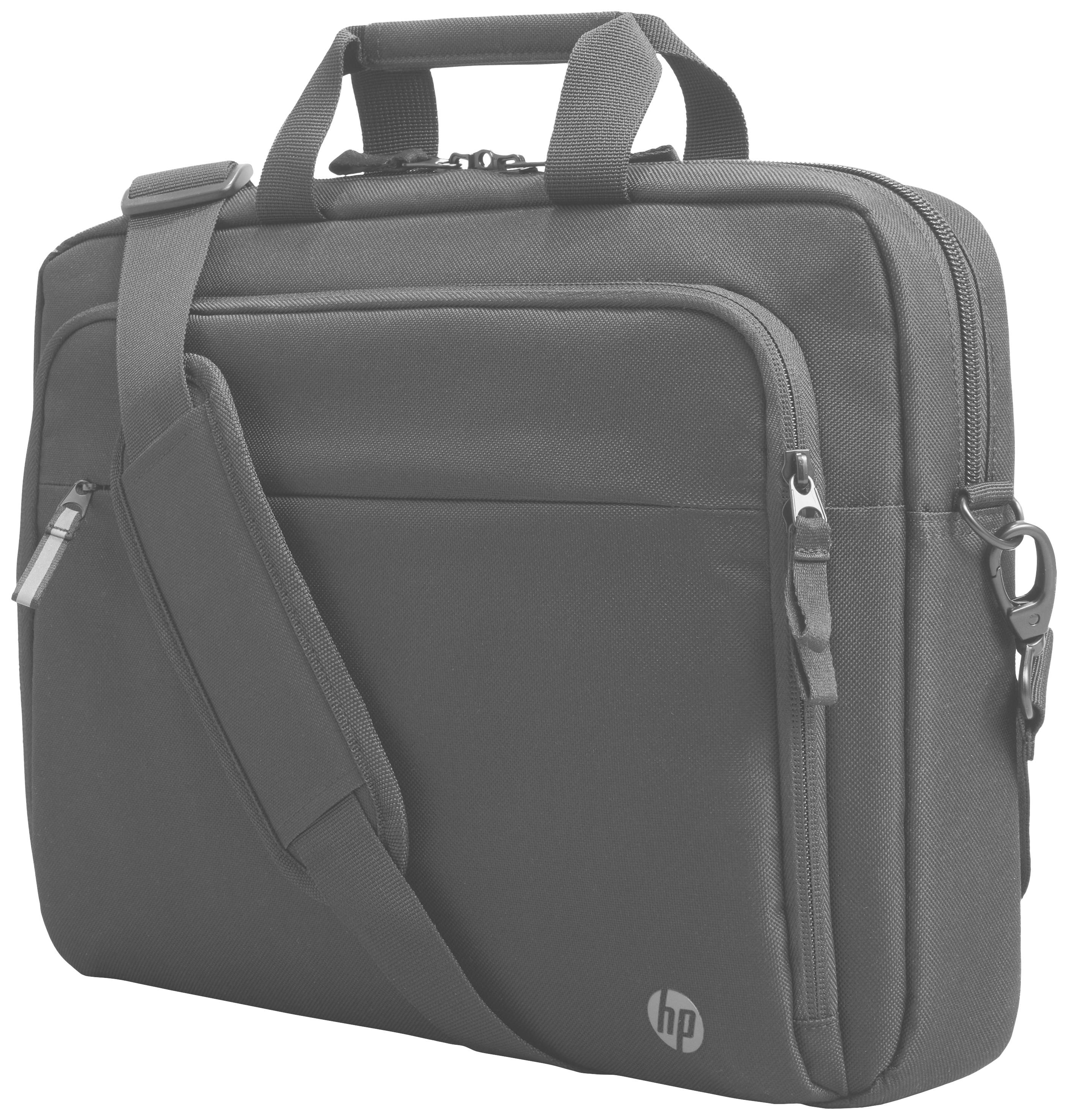 Czarna torba na laptopa z podwójnym zamkiem błyskawicznym i paskiem na ramię. Posiada przednie kieszonki na akcesoria oraz małe logo HP.