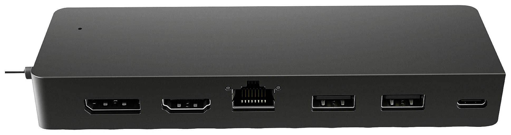 Czarna stacja dokująca z wieloma portami: HDMI, Ethernet, dwa porty USB i USB-C. Odpowiednia do rozszerzenia połączeń urządzeń.
