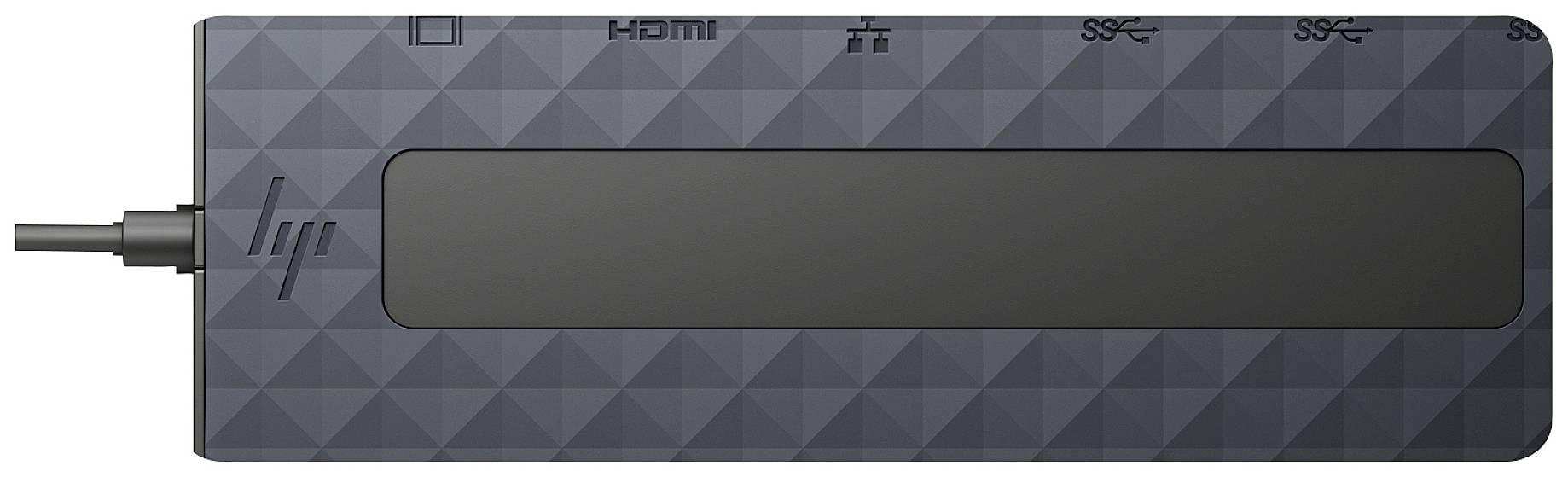 Czarny komputer dongle z kablem USB-C. Na górze widoczne są symbole złączy HDMI i USB.