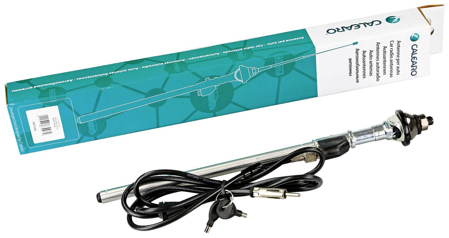 Wysuwana antena samochodowa z przewodem i wtyczką obok prostokątnego opakowania z napisem 'Calearo'.