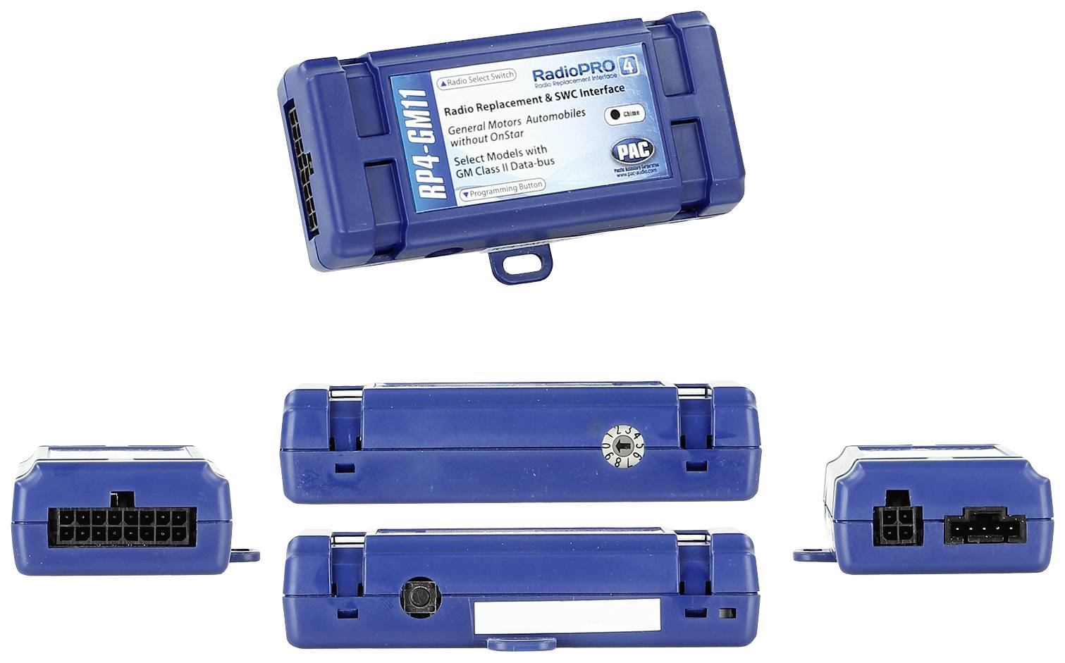 Niebieska elektroniczna obudowa urządzenia z wieloma złączami, prawdopodobnie moduł przeznaczony do integracji komponentów radiowych w pojazdach.