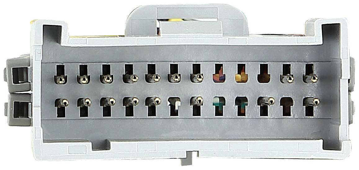 Prostokątna wtyczka z dwoma rzędami metalowych styków, używana do połączeń elektrycznych w samochodach.