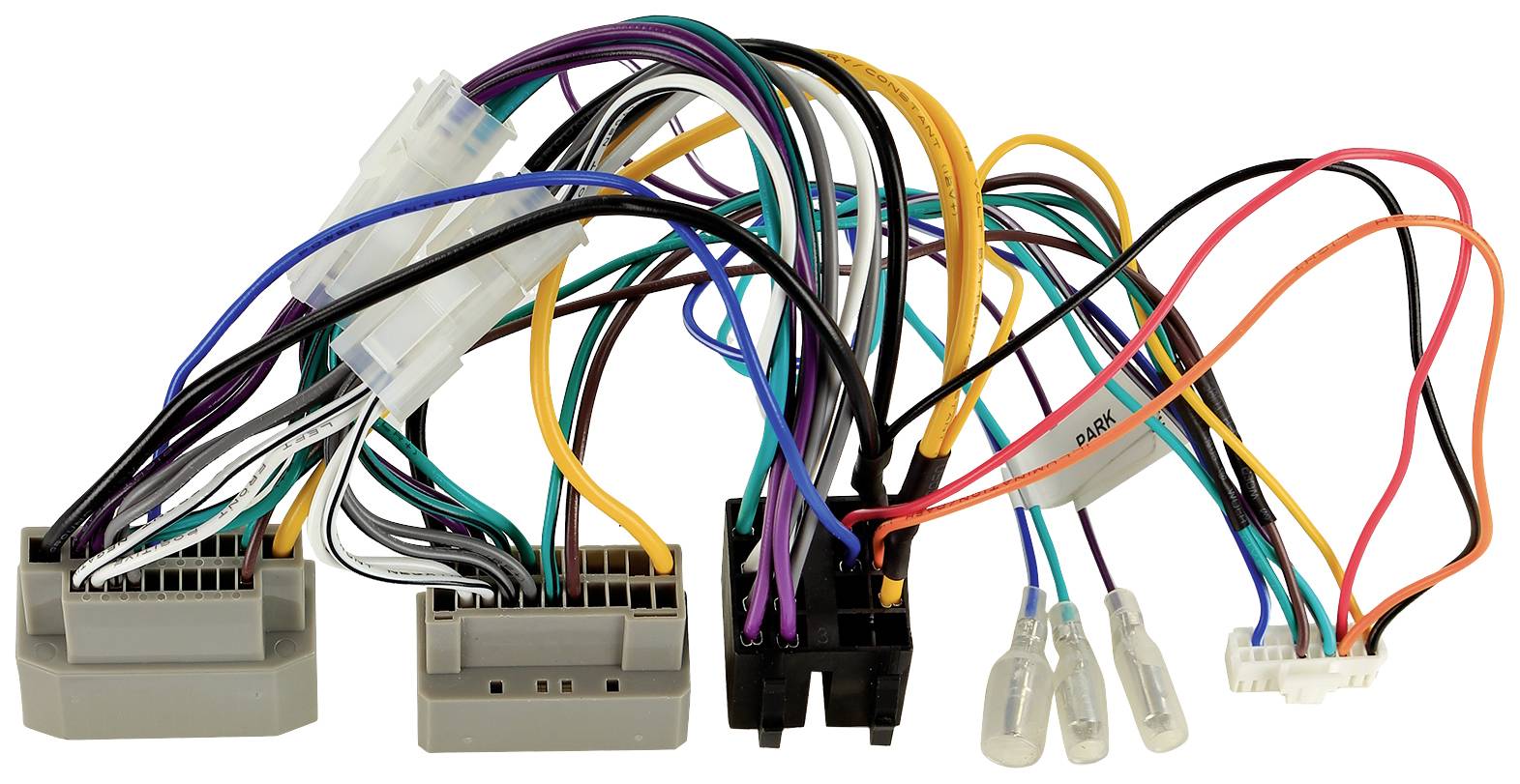 Różnokolorowe przewody z wtyczkami z tworzywa sztucznego i zaciskami, prawdopodobnie będące częścią elektrycznego systemu przyłączeniowego lub wiązki kablowej.