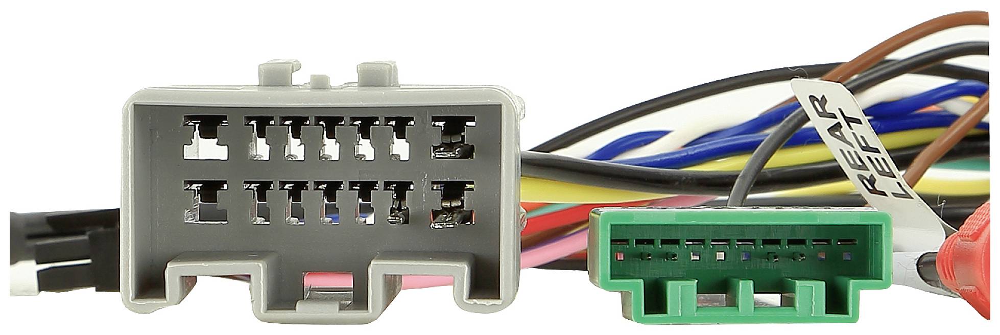 'Dwa elektroniczne złącza z różnymi kablami wyprowadzonymi z tych złączy. Szare złącze jest większe niż zielone.'