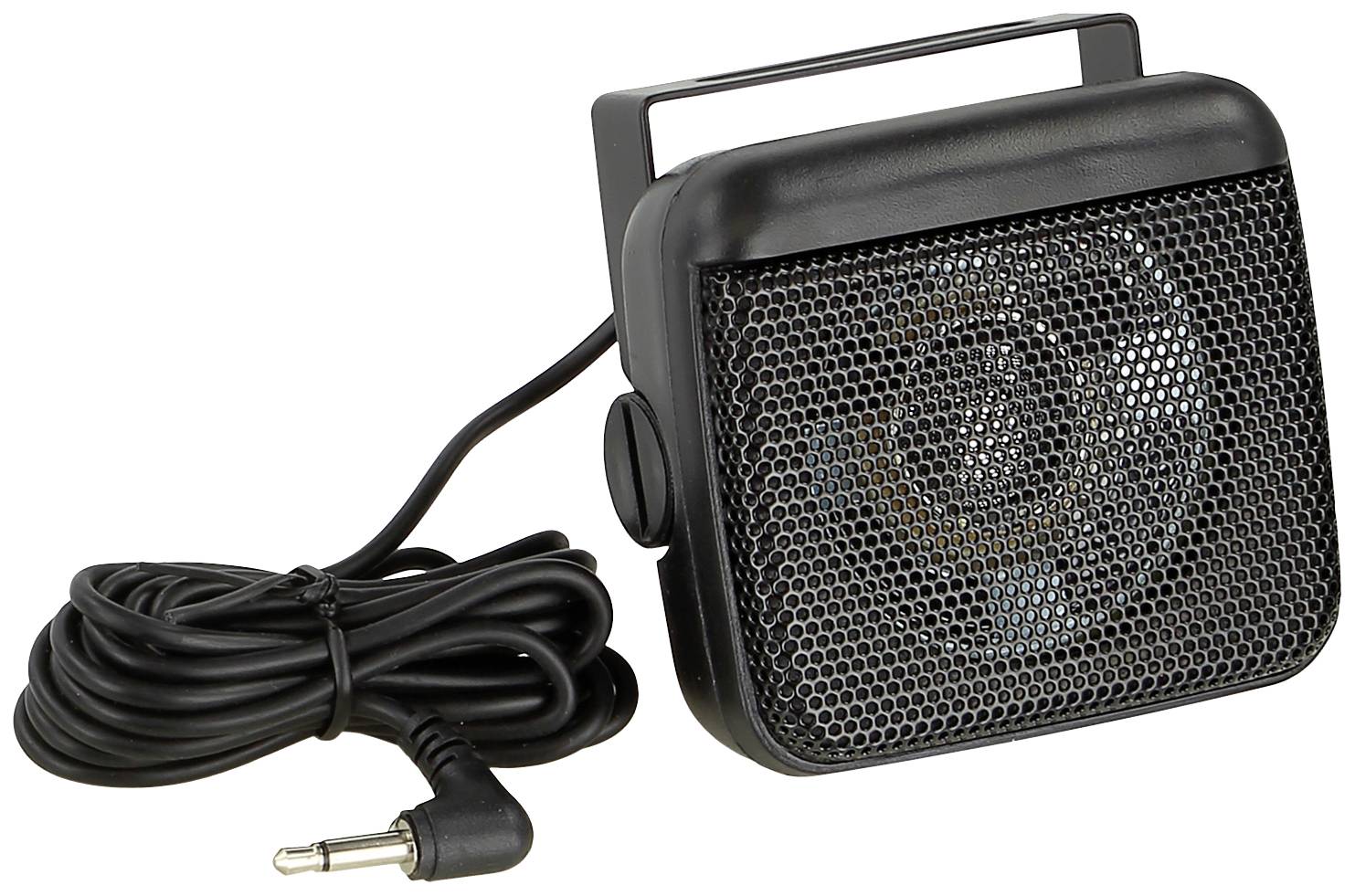 Mały czarny głośnik z przewodem zasilającym i wtykiem jack 3,5 mm, odpowiedni do urządzeń przenośnych.