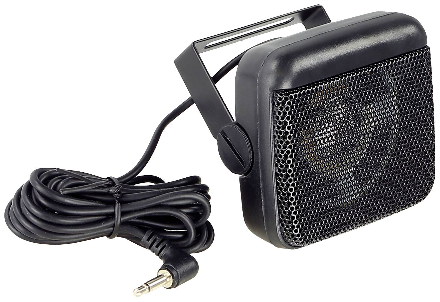 Kompaktowy, czarny głośnik z metalową siatką osłaniającą i wtyczką jack 3,5 mm. Odpowiedni do przenośnych urządzeń audio.