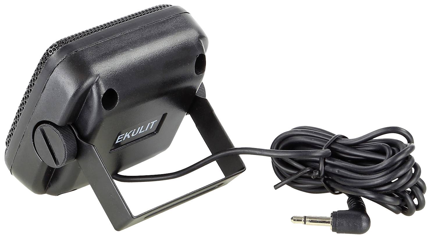 Czarny głośnik ze zintegrowanym stojakiem i przewodem przyłączeniowym, odpowiedni do urządzeń audio mobilnych i stacjonarnych.