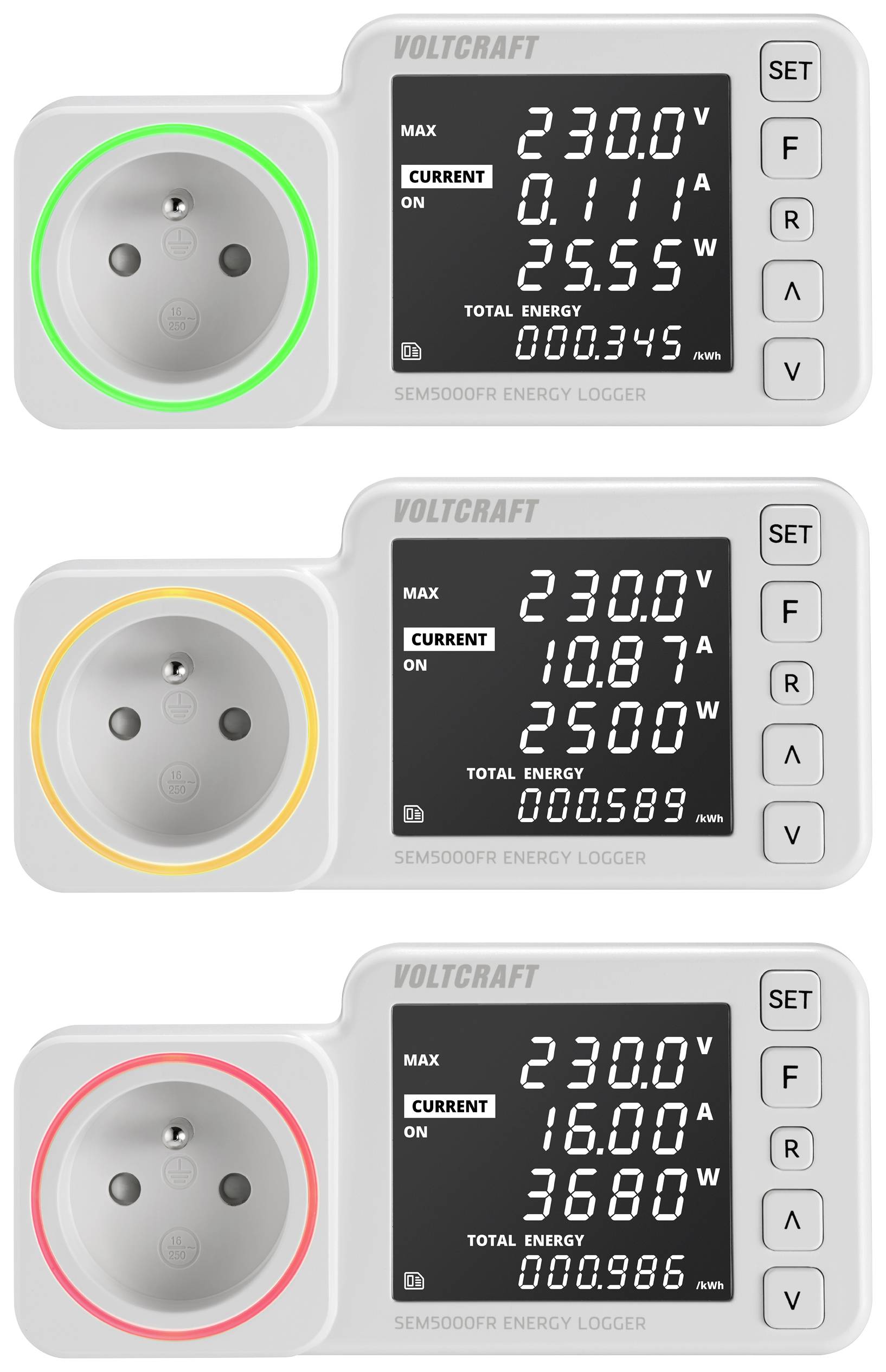 'Trzy gniazdka z cyfrowymi wyświetlaczami pokazują różne wartości zużycia energii elektrycznej: zielony dla niskiego, żółty dla średniego, czerwony dla wysokiego.'