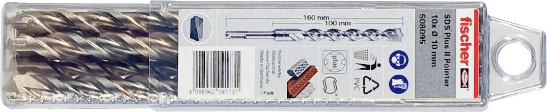 Plastikowy futerał zestawu wierteł SDS Fischer do wiercenia w murach z widocznym spiralnym wiertem do muru i opakowaniem oznaczonym dla wierteł 6 x 110 mm i 10 x 150 mm.