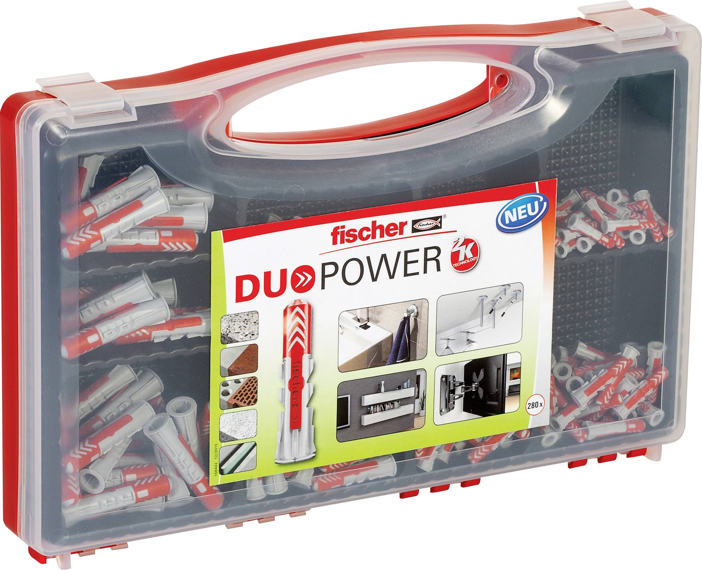 Przezroczyste plastikowe etui do przenoszenia z czerwonym uchwytem zawierające zestaw kołków Fischer DUOPOWER i etykietę wkładki produktu.