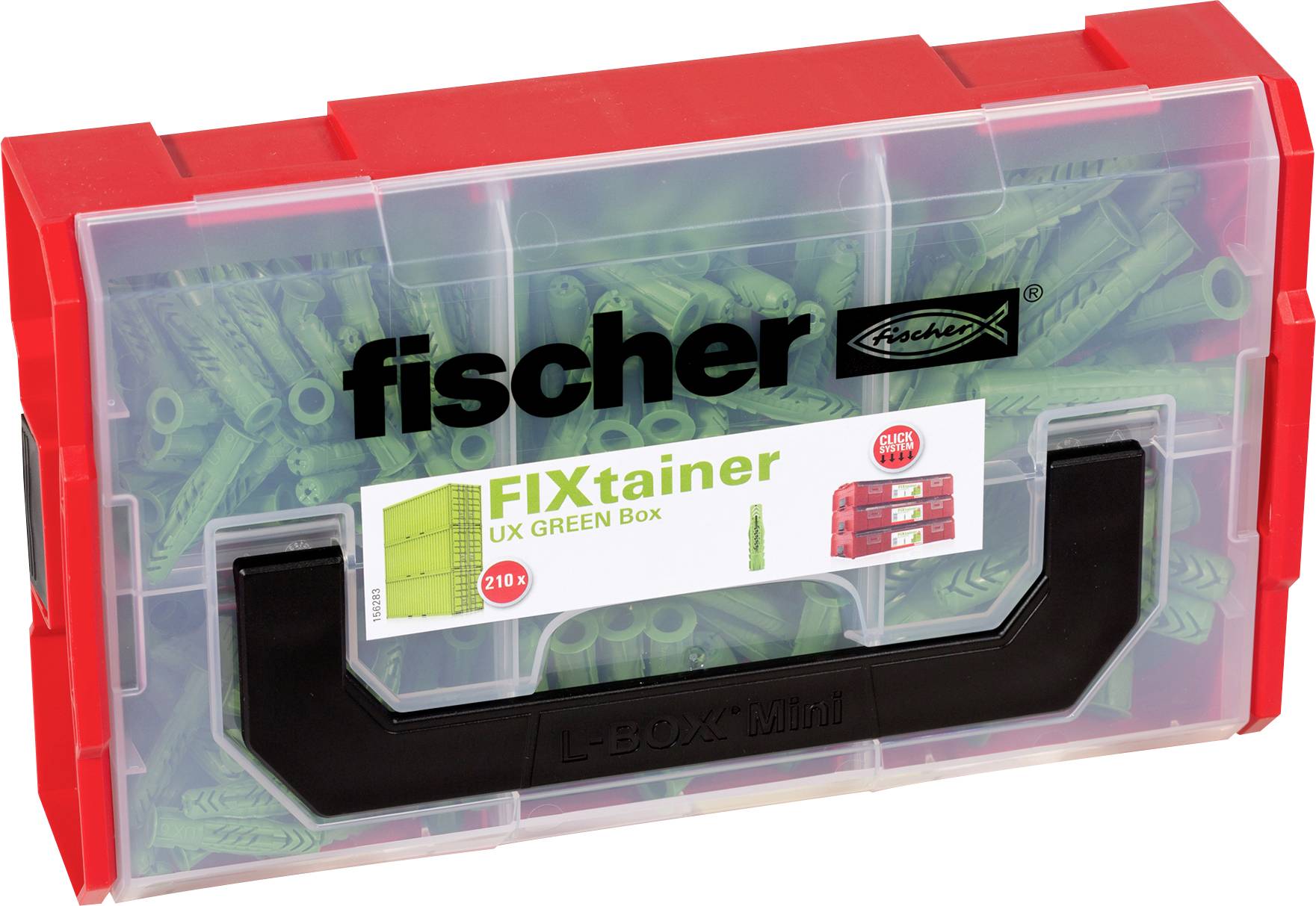 Przezroczyste czerwone plastikowe pudełko do przechowywania oznaczone etykietą 'fischer' i 'FIXtainer UX GREEN Box', wypełnione zielonymi kołkami ściennymi, z czarnym uchwytem.