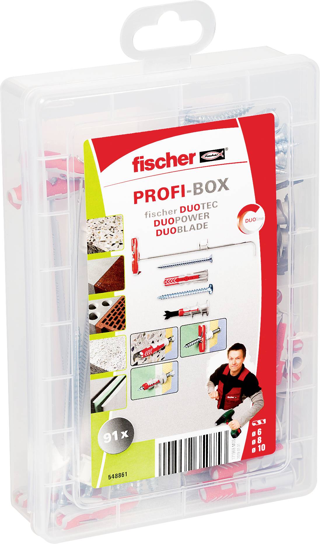 Plastikowe pudełko do przechowywania z kotwami do ścian DuoTec duo power firmy 'fischer PROFI-BOX' oraz śrubami, pokazane w opakowaniu produktu z kodem kreskowym i wizerunkiem instalatora.