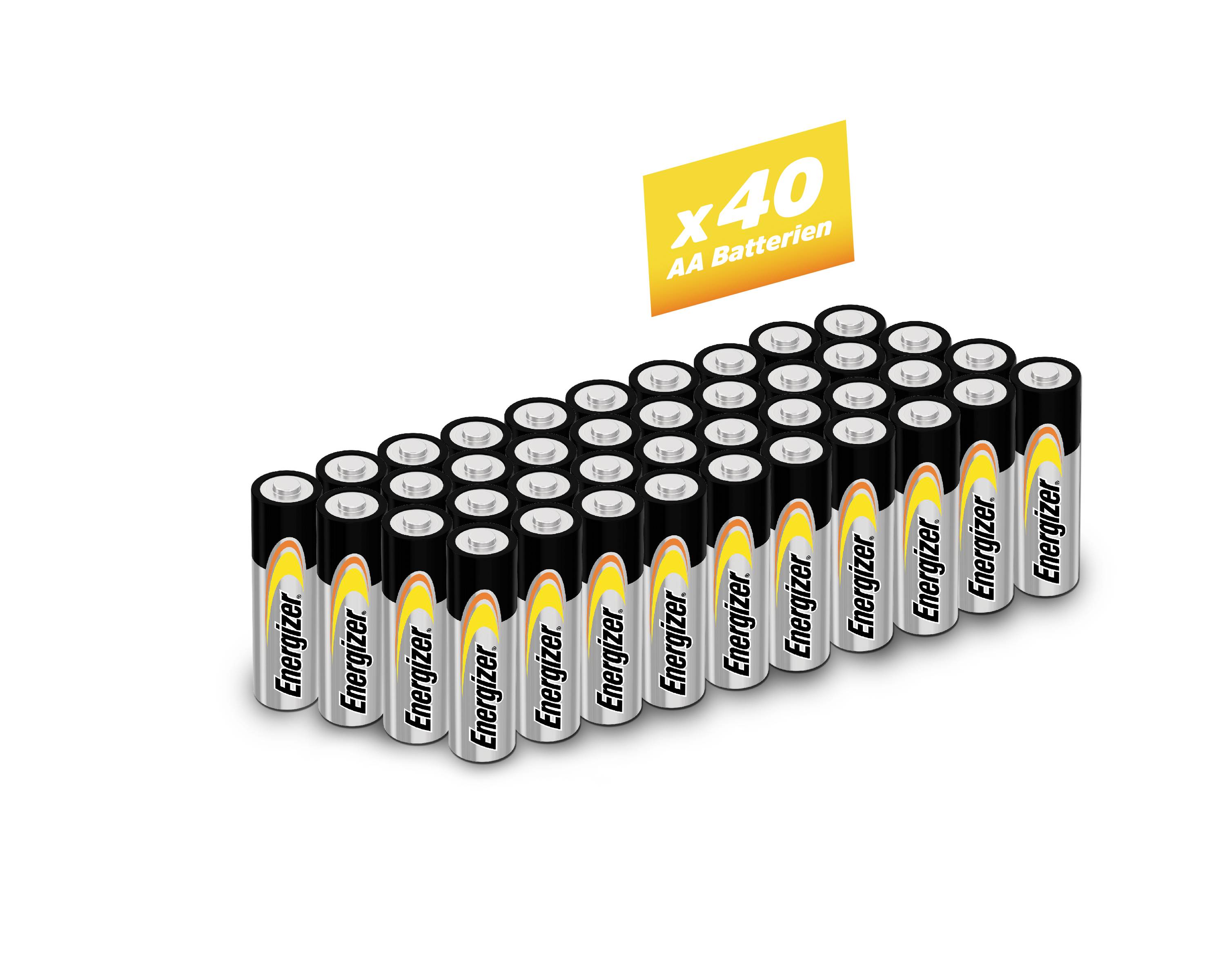 '40 baterii Energizer AA' jest starannie ułożonych w kilku rzędach. Żółta etykieta wskazuje 'x40 baterii AA'.