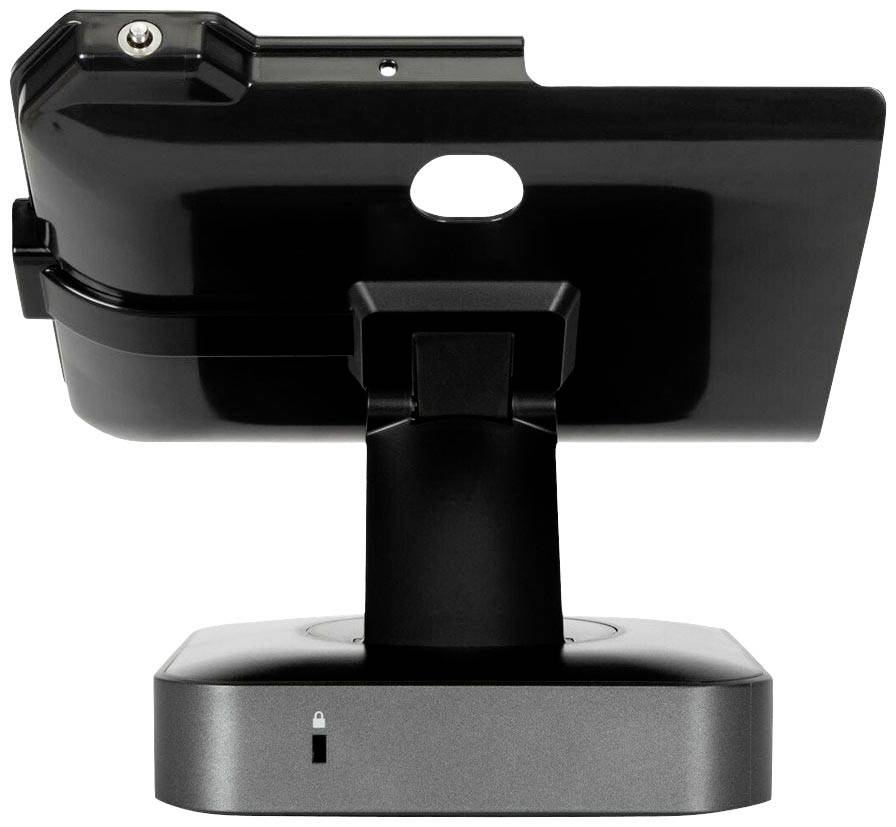 Czarny uchwyt na tablet ze stabilną podstawą, widziany od tyłu. Zaprojektowany przejrzyście i funkcjonalnie, idealny do zastosowań profesjonalnych.