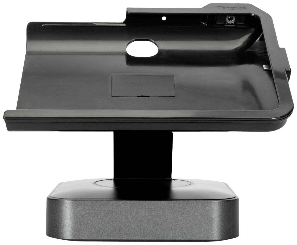 Czarny stojak na tablet z mocowaniem na stabilnej podstawie. Odpowiedni do prezentacji lub zastosowań edukacyjnych.