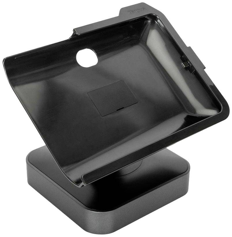 Czarna, prostokątna podstawa do urządzenia. Posiada okrągły otwór i jest lekko pochylona.