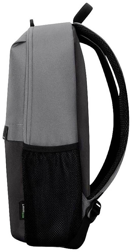 Plecak w kolorze szaro-czarnym z siatkowymi kieszeniami bocznymi i regulowanymi paskami, sfotografowany z boku.