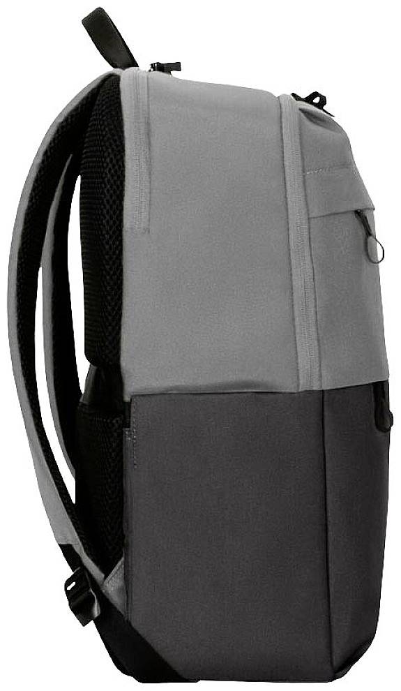 Szary i czarny plecak z zamkami błyskawicznymi i kieszenią boczną, przedstawiony z profilu.