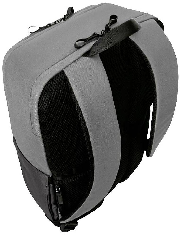 Szary plecak z czarnymi, wyściełanymi paskami, zamkami błyskawicznymi u góry i boczną kieszenią. Odpowiedni do codziennego użytku oraz podróży.