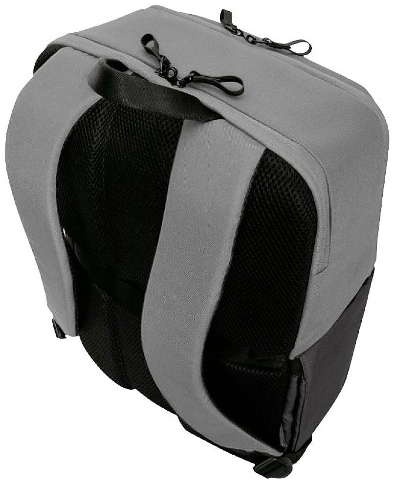 Szary plecak z czarnymi wstawkami z siatki i uchwytem do przenoszenia. Dwa zamki błyskawiczne u góry.