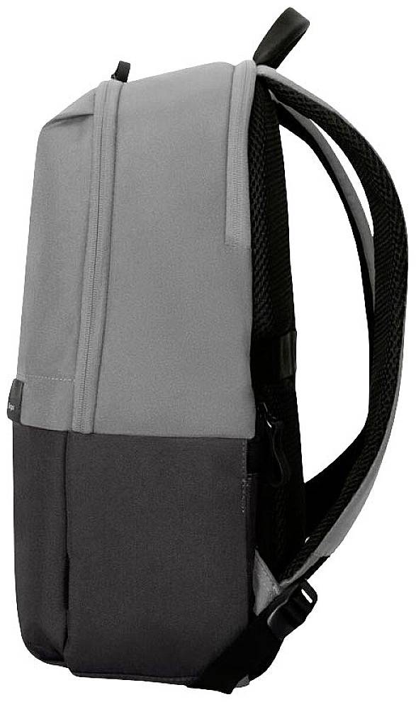Szary i czarny plecak widziany z boku, prezentujący prostą formę i wyściełane szelki, idealny do codziennego użytku.