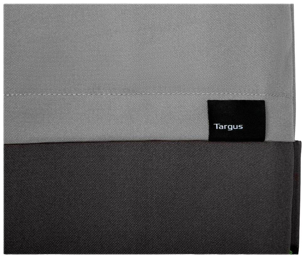 Dwukolorowa torba materiałowa w odcieniach szarości i ciemnego koloru z logo 'Targus' na czarnej etykiecie.