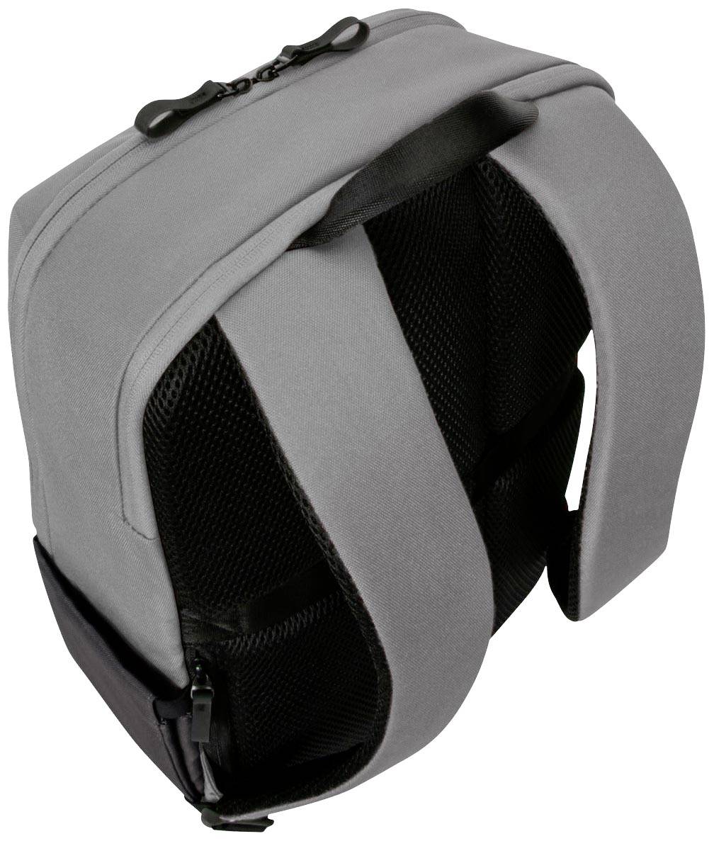 Szary plecak z dwoma wyściełanymi paskami i zamkiem błyskawicznym u góry.