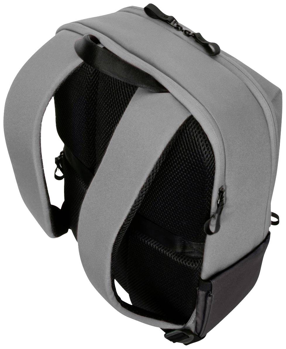 Szaro-czarny plecak z wyściełanymi paskami na ramiona i wieloma zamkami błyskawicznymi, odpowiedni do wygodnego noszenia i przechowywania.