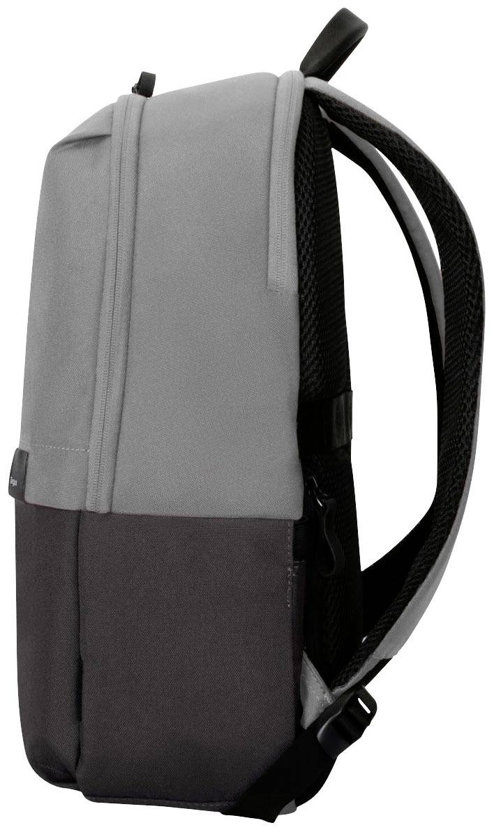 Szary i czarny plecak widziany z boku. Posiada dwa wyściełane szelki na ramiona oraz uchwyt do przenoszenia u góry.