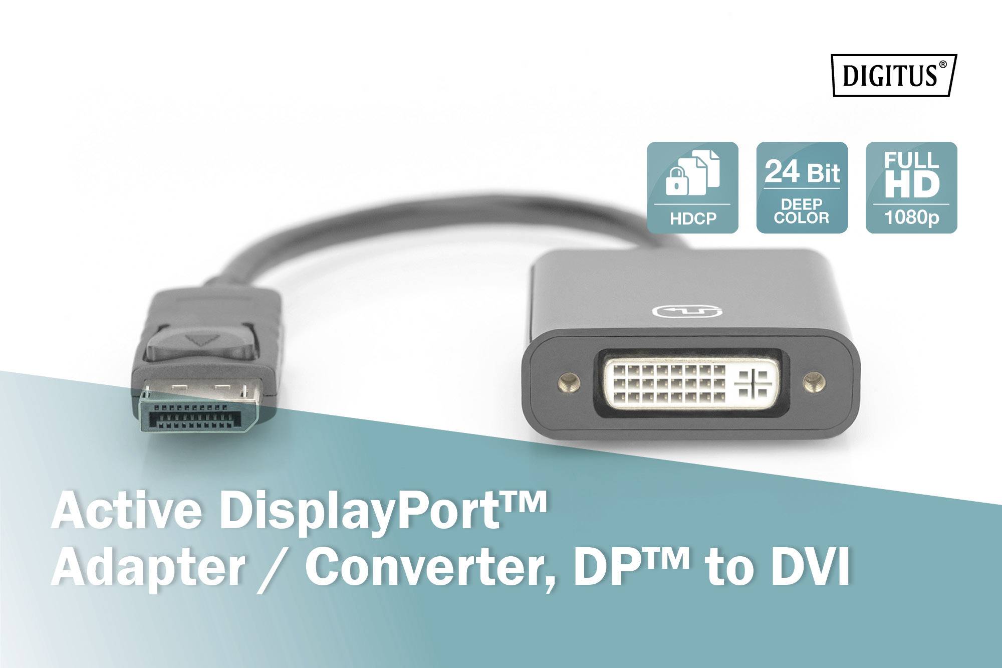 Aktywny adapter DisplayPort, konwertuje DP na DVI, obsługuje HDCP, 24-bitowa głębia kolorów, Full HD 1080p.