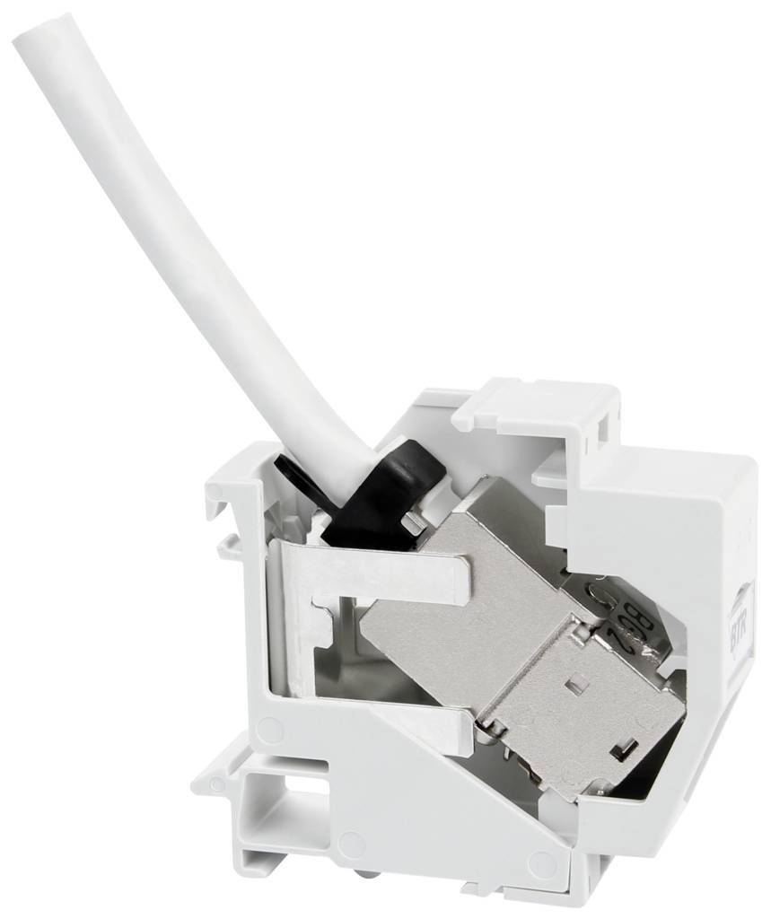 Wtyczka sieciowa jest zamocowana w białej podstawce. Biały kabel wyprowadzony jest górą z tej podstawki.