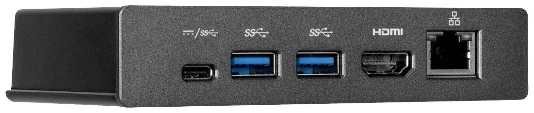 Czarna listwa adaptacyjna z wieloma portami: USB-C, dwa porty USB 3.0, HDMI oraz Ethernet.