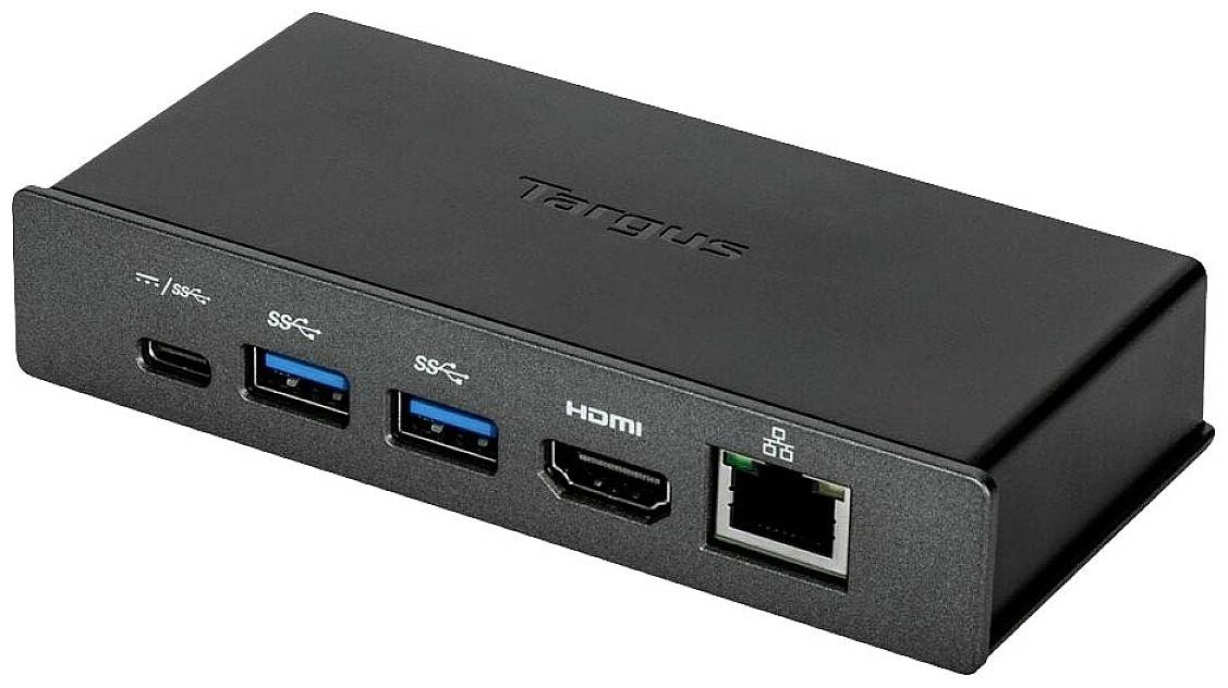 Czarna stacja dokująca Targus z interfejsem USB-C, wyposażona w dwa porty USB-A, jeden port USB-C, port HDMI oraz gniazdo Ethernet.