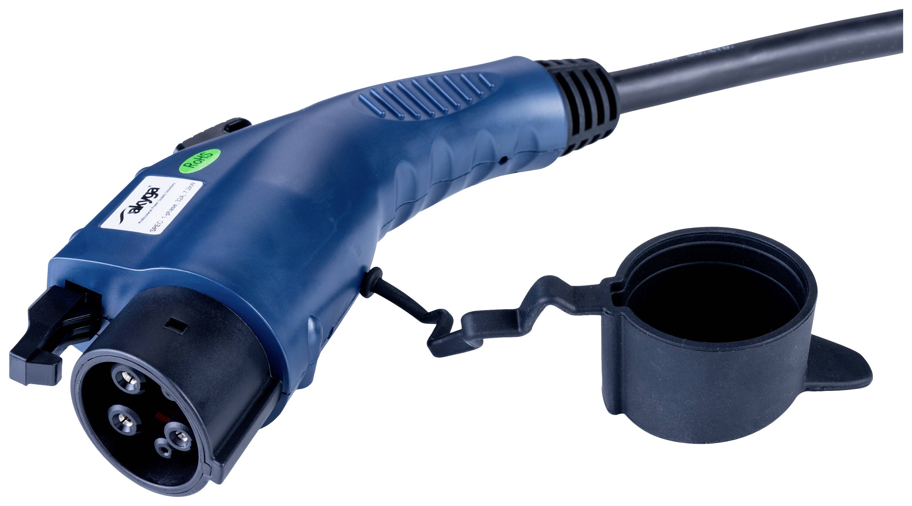 Niebieski wtyk ładowania do pojazdów elektrycznych z czarną zaślepką ochronną, kabel wystaje w prawo.